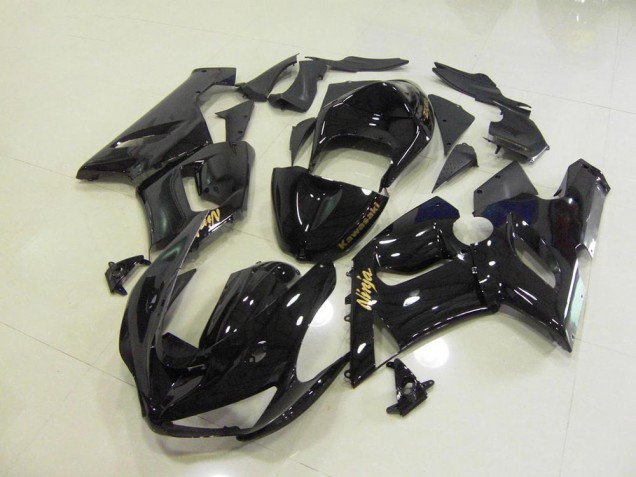 2005-2006 Glossy Black Gold Decals Kawasaki ZX6R Motorcycle Fairings Kits