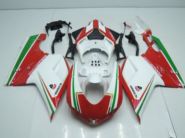 2007-2014 White and Red with Green Stripe Ducati 848 1098 1198 Motorcylce Fairings 2007-2014 White and Red with Green Stripe Ducati 848 1098 1198 Motorcylce Fairings