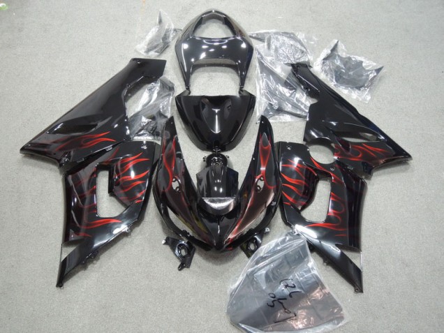 2005-2006 Black Red Flame Kawasaki ZX6R Bike Fairing Kit 2005-2006 Black Red Flame Kawasaki ZX6R Bike Fairing Kit