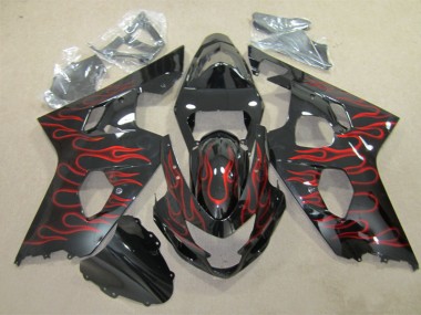 2004-2005 Black Red Flame Suzuki GSXR600 Replacement Fairings